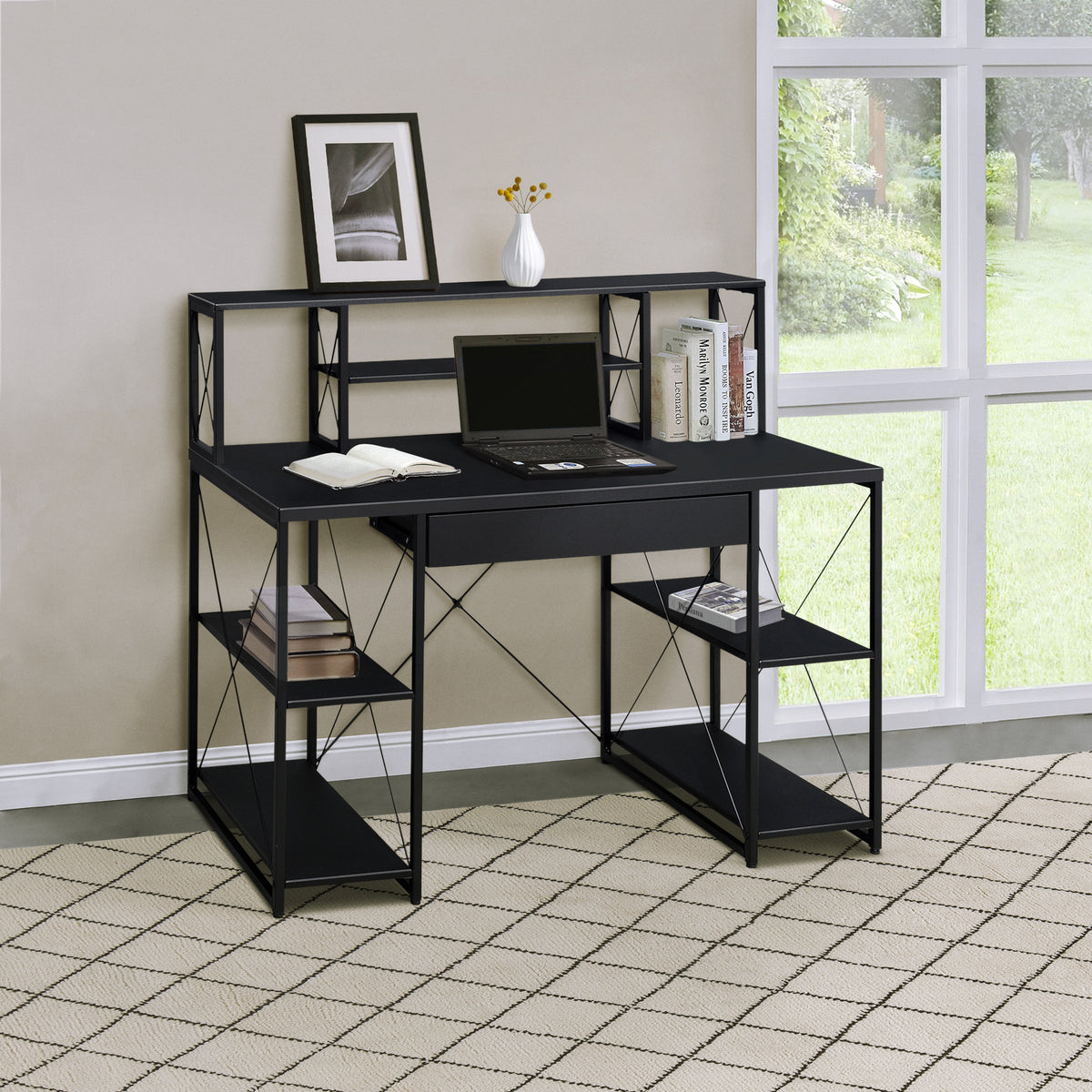 Black Office Desk with Open Shelves and Hutch - Black