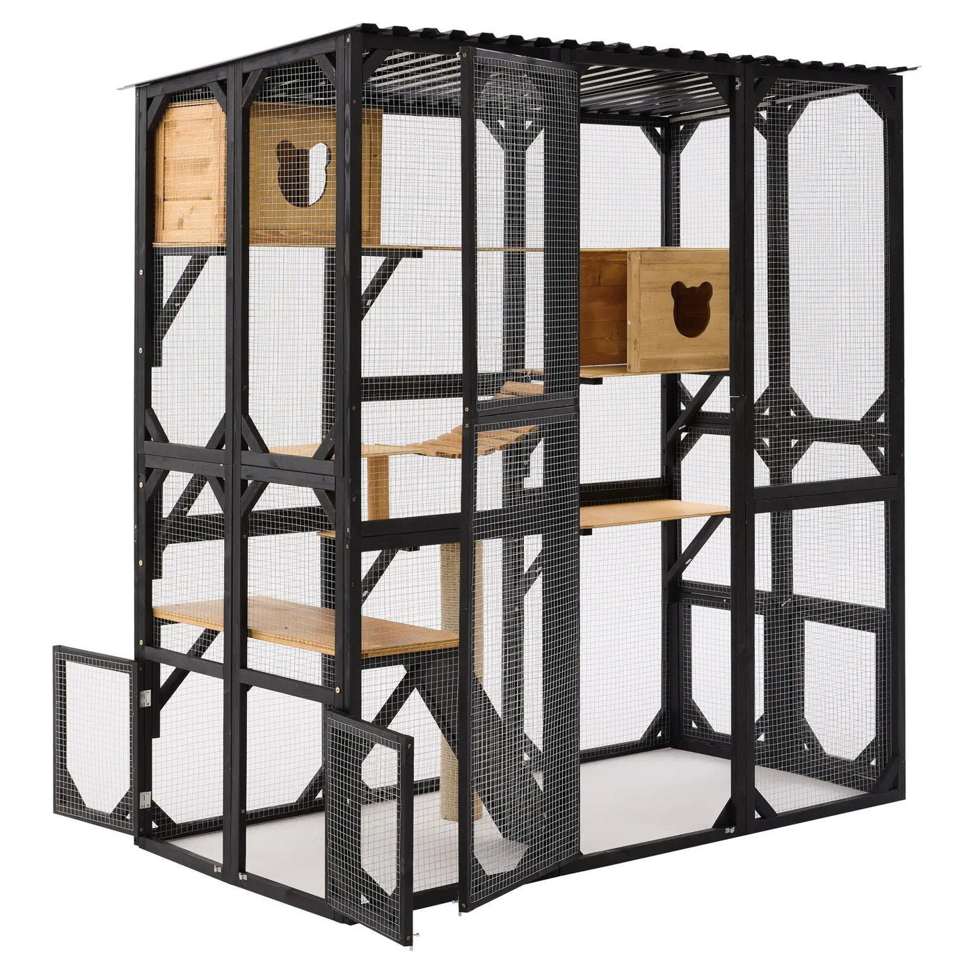 Outdoor Cat Enclosure With Sleeping Houses, Jumping Platforms, Scratching Post by HouseOfZazla
