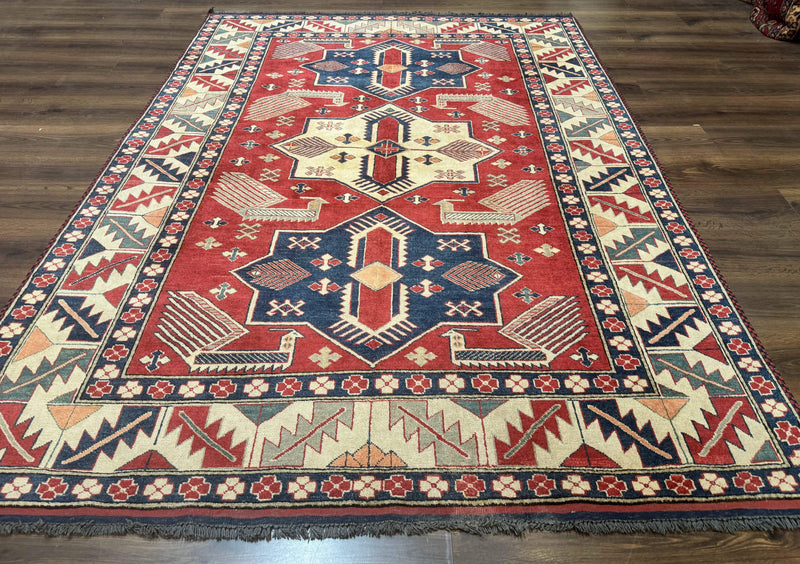 Turkish Kazak Rug 6x8, Caucasian Design, Geometric Medallions, Red Blue Beige by Jewel Rugs