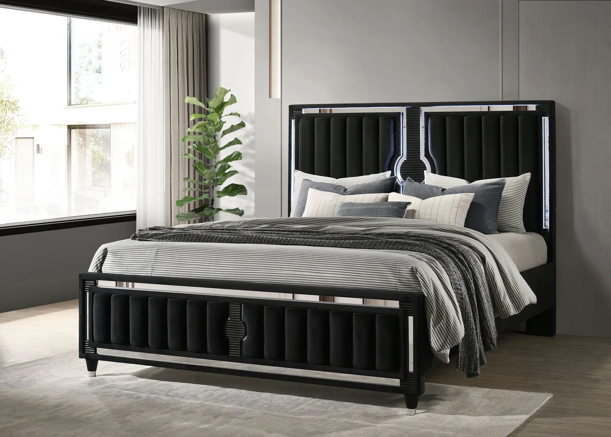 Ravenne Velvet Upholstered California King LED Panel Bed Black by Unique Piece Furniture