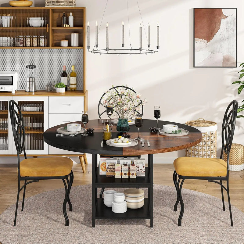 Round Dining Table For 4 With Storage Shelf - Brown / Black