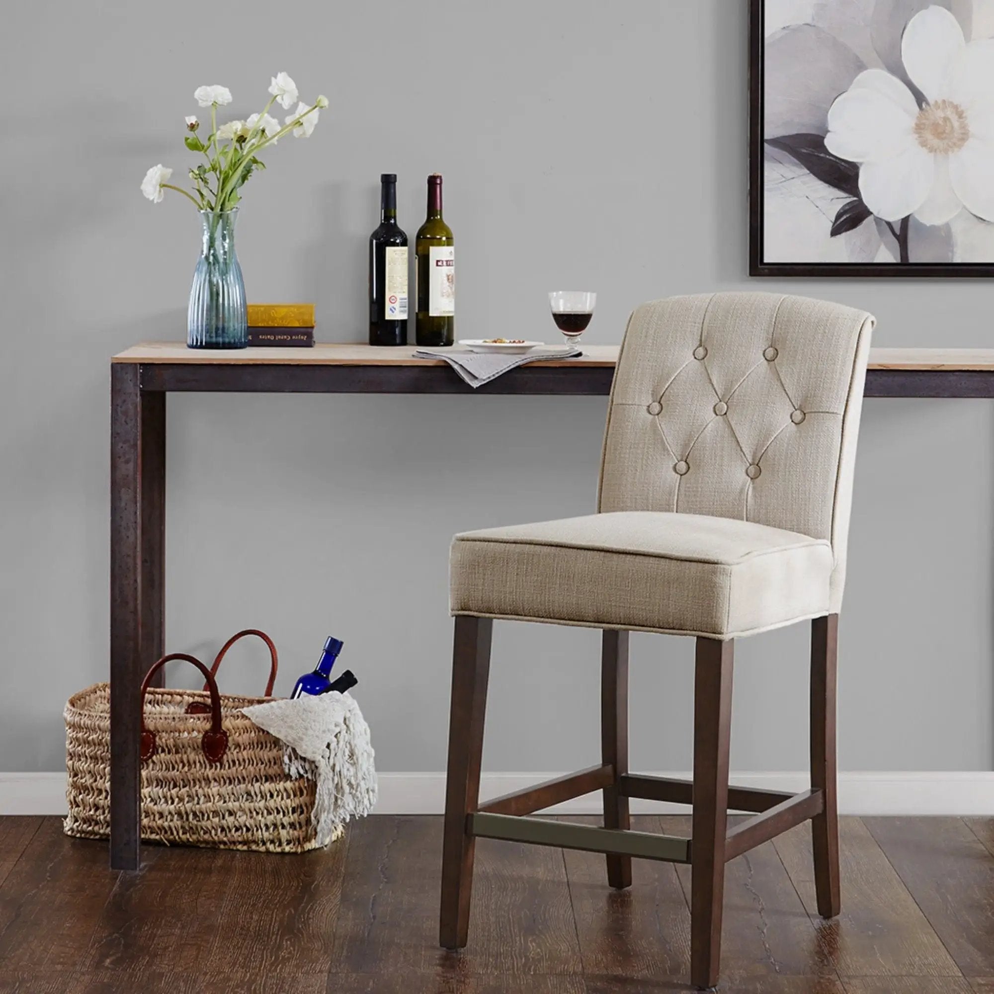 Tufted Counter Stool With Button Tufted Back - Tan by HouseOfZazla