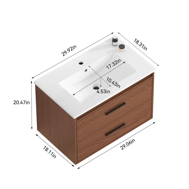 Wall Mounting Bathroom Vanity With Soft Close 2 Drawer, Sink - Reddish Brown by Unique Piece Furniture