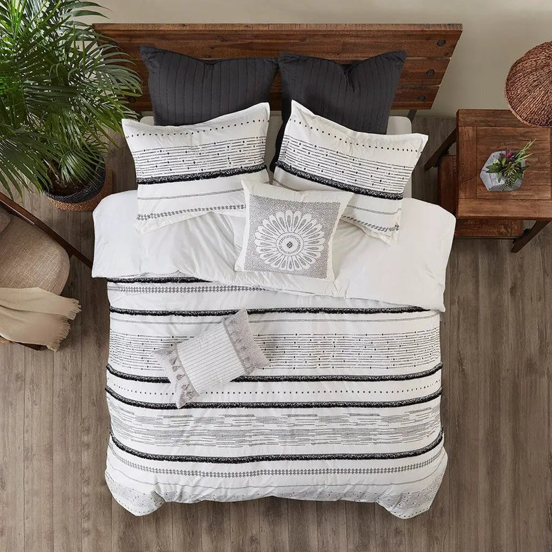 Cotton Printed Comforter Set with Trims Black/White Full/Queen by HouseOfZazla