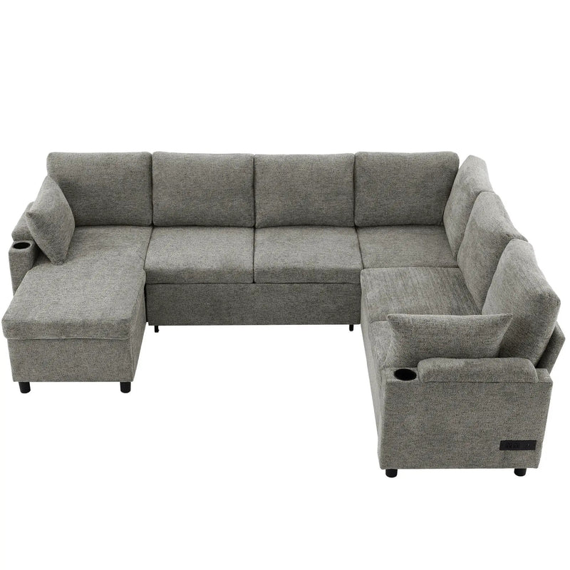 U-Shaped Sectional Sleeper Sofa With Ample Storage Space, 2 Cup Holders And Charging Ports For Living Room by HouseOfZazla
