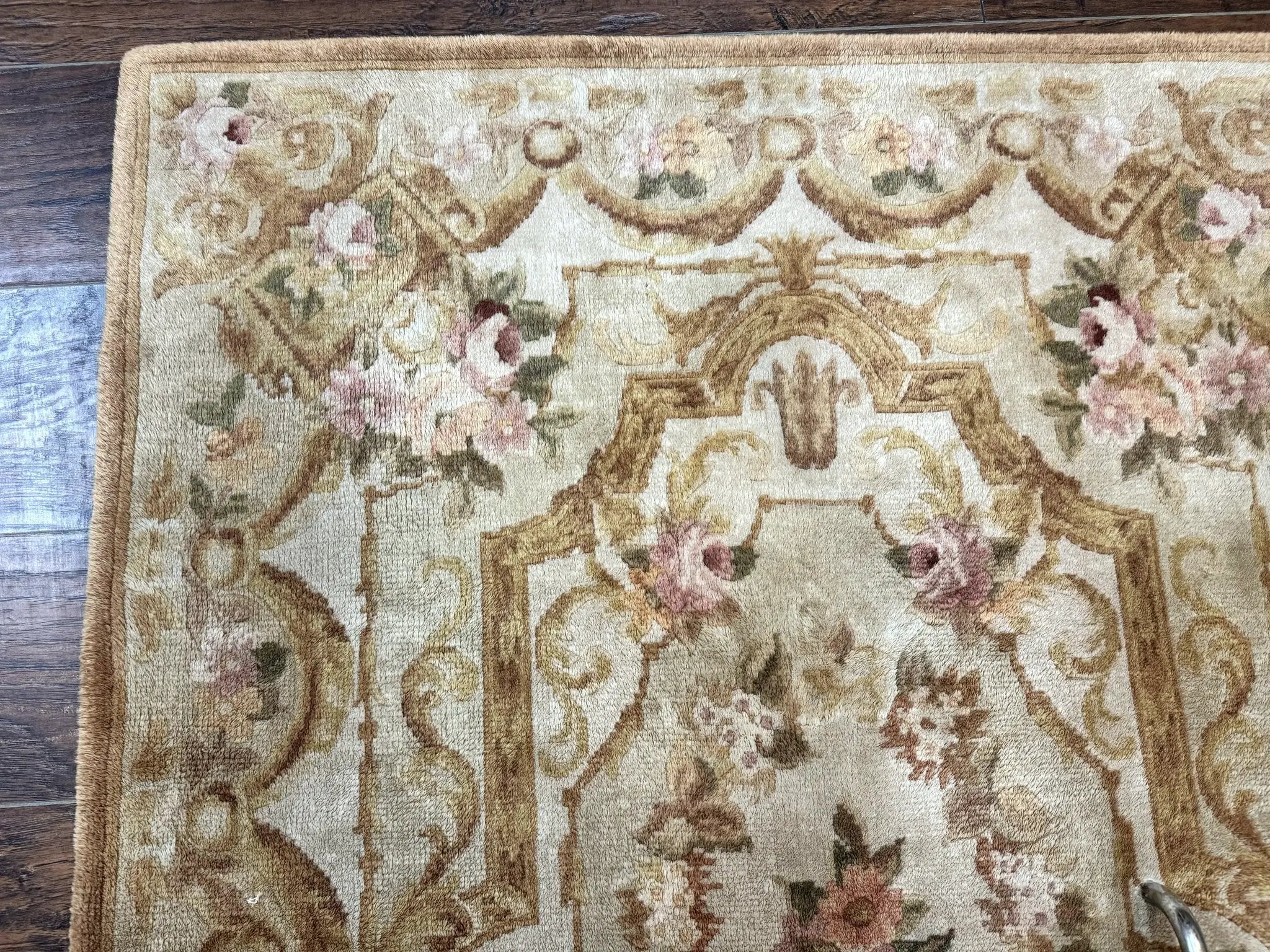 Chinese Aubusson Rug 3.6 x 5, Beige and Gold, Handmade Vintage Elegant European Design Carpet, Plush Wool, Handmade by Jewel Rugs