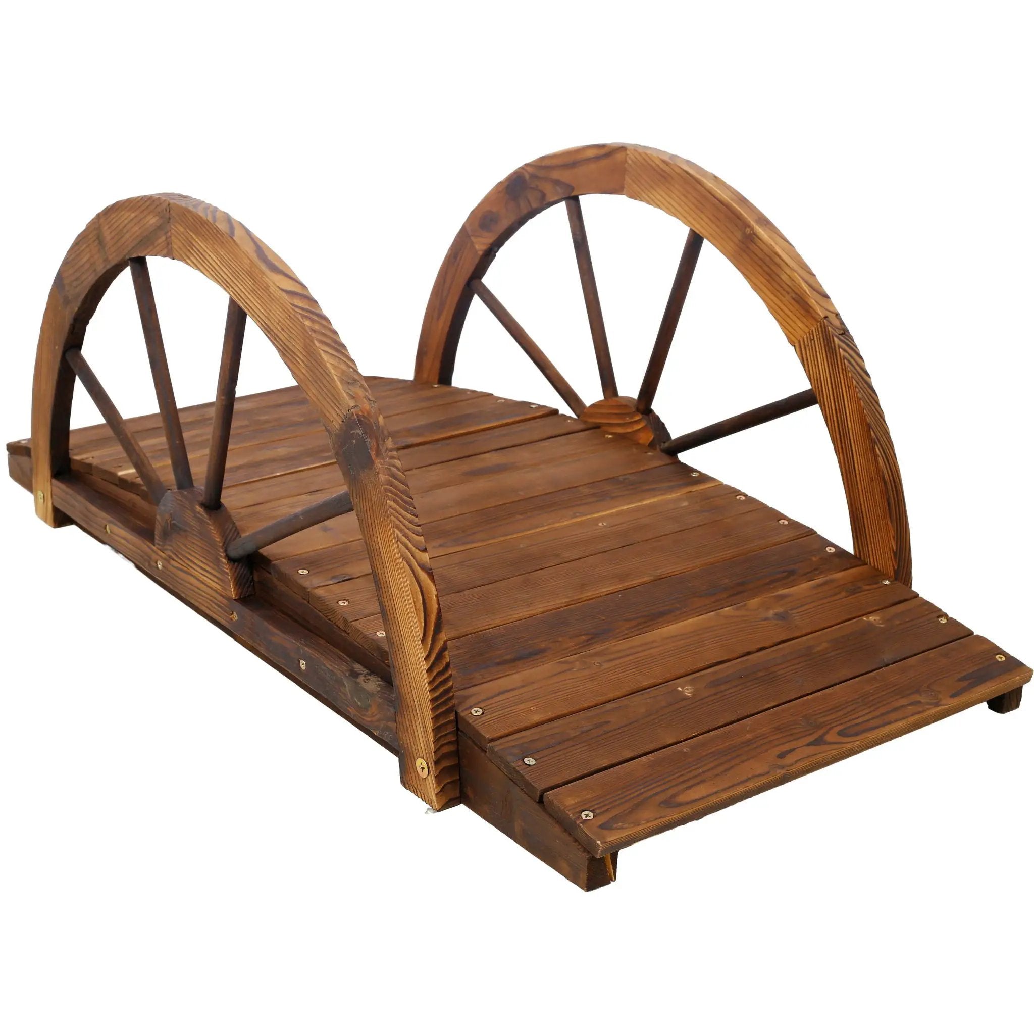 Wooden Garden Bridge Arc Footbridge With Half Wheel Railings Solid Fi - Brown by HouseOfZazla