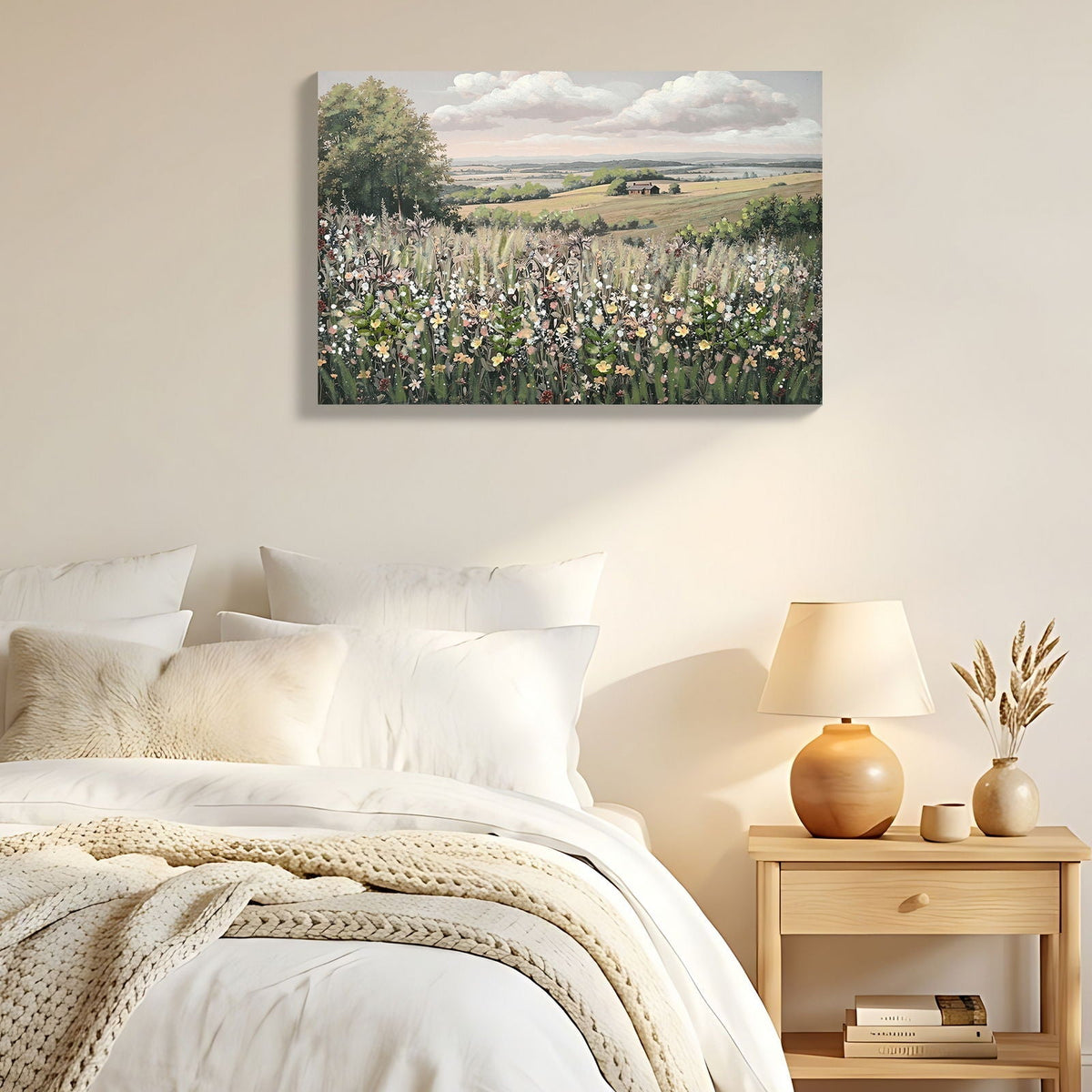 Framed Canvas Wall Art Vintage Landscape with 3D Floral Accents – Green/Ivory, photo 3 of 4