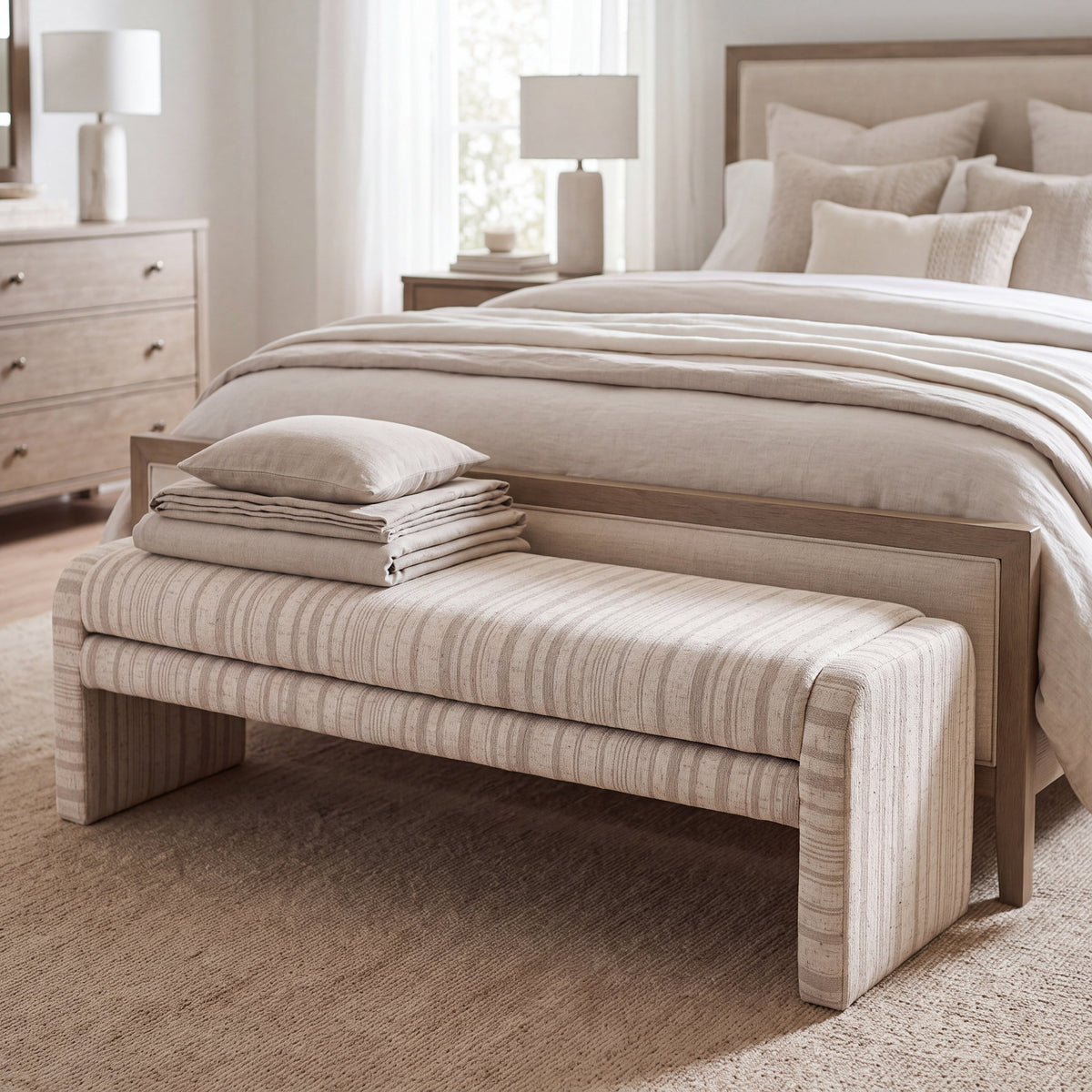 62.2 Inch Striped Upholstered Ottoman Bench with Thick Linen-Blend Upholstery - Striped