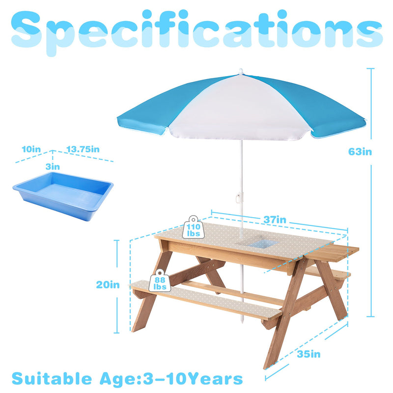 3-In-1 Kids Outdoor Wooden Picnic Table With Umbrella, Convertible Sand & Water, ASTM & CPSIA Certification by Unique Piece Furniture