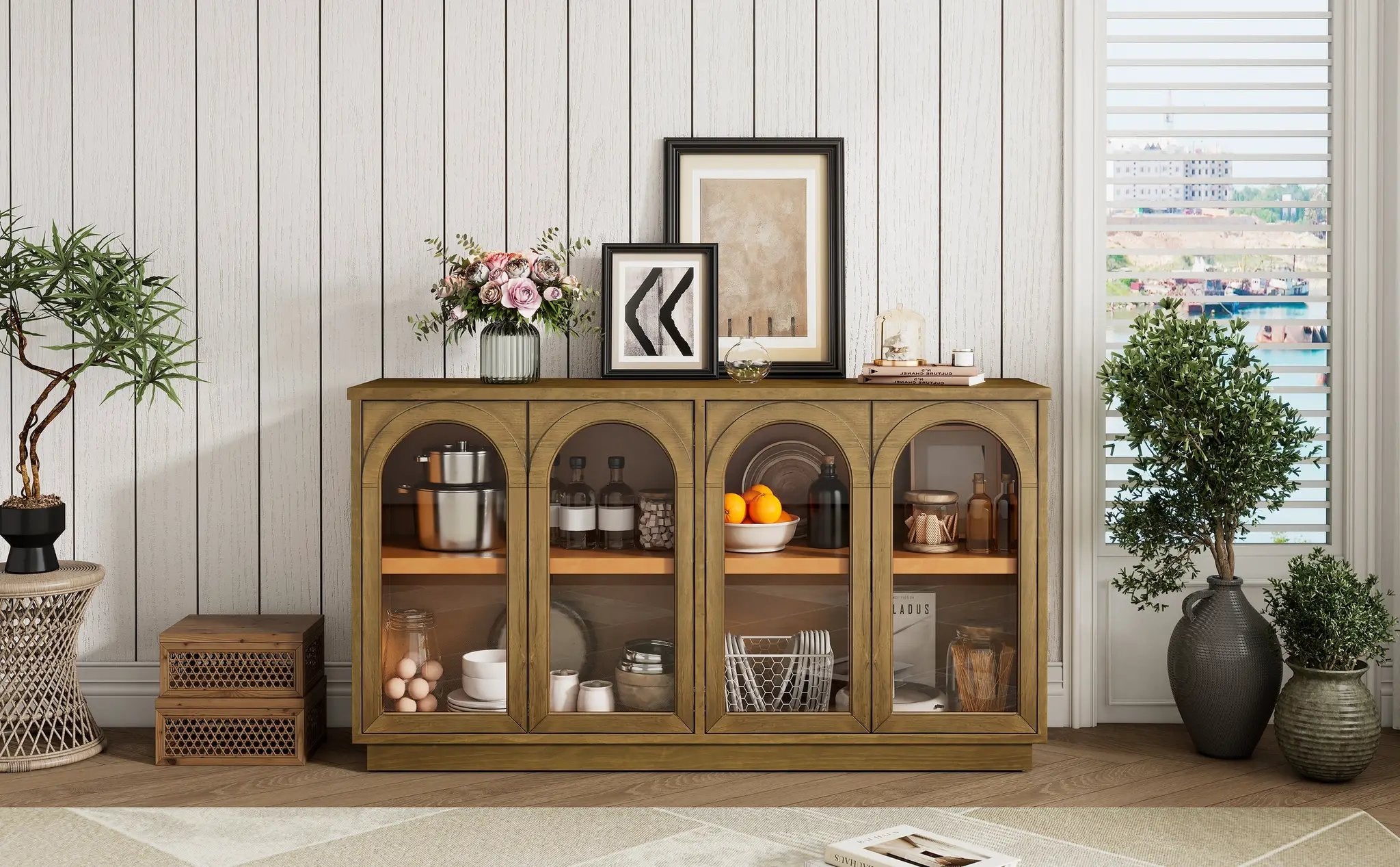 TREXM 4-Door Large Storage Buffet Cabinet with Glass Doors by HouseOfZazla