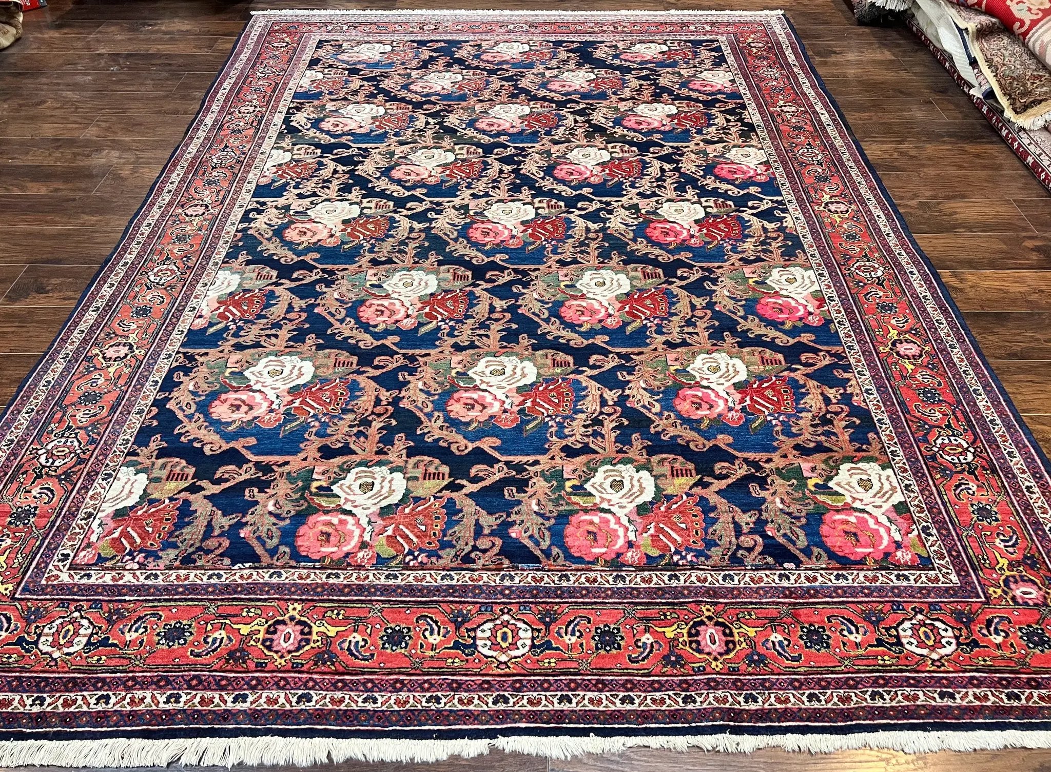 Persian Bidjar Rug 8x11, Floral Bouquets, Blue Black Red Pink, Handmade Hand Knotted Vintage Semi Antique Oriental Carpet by Jewel Rugs