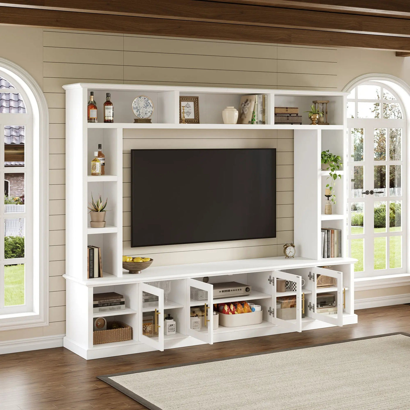 All-In-One Entertainment Center With Bookshelves & Tempered Glass Doors, TV Console Unit For Living Room by Unique Piece Furniture
