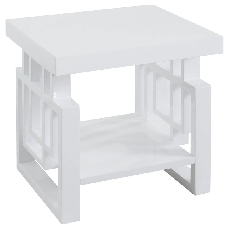 Rectangular End Table With Geometric Design And Open Shelf - White by HouseOfZazla