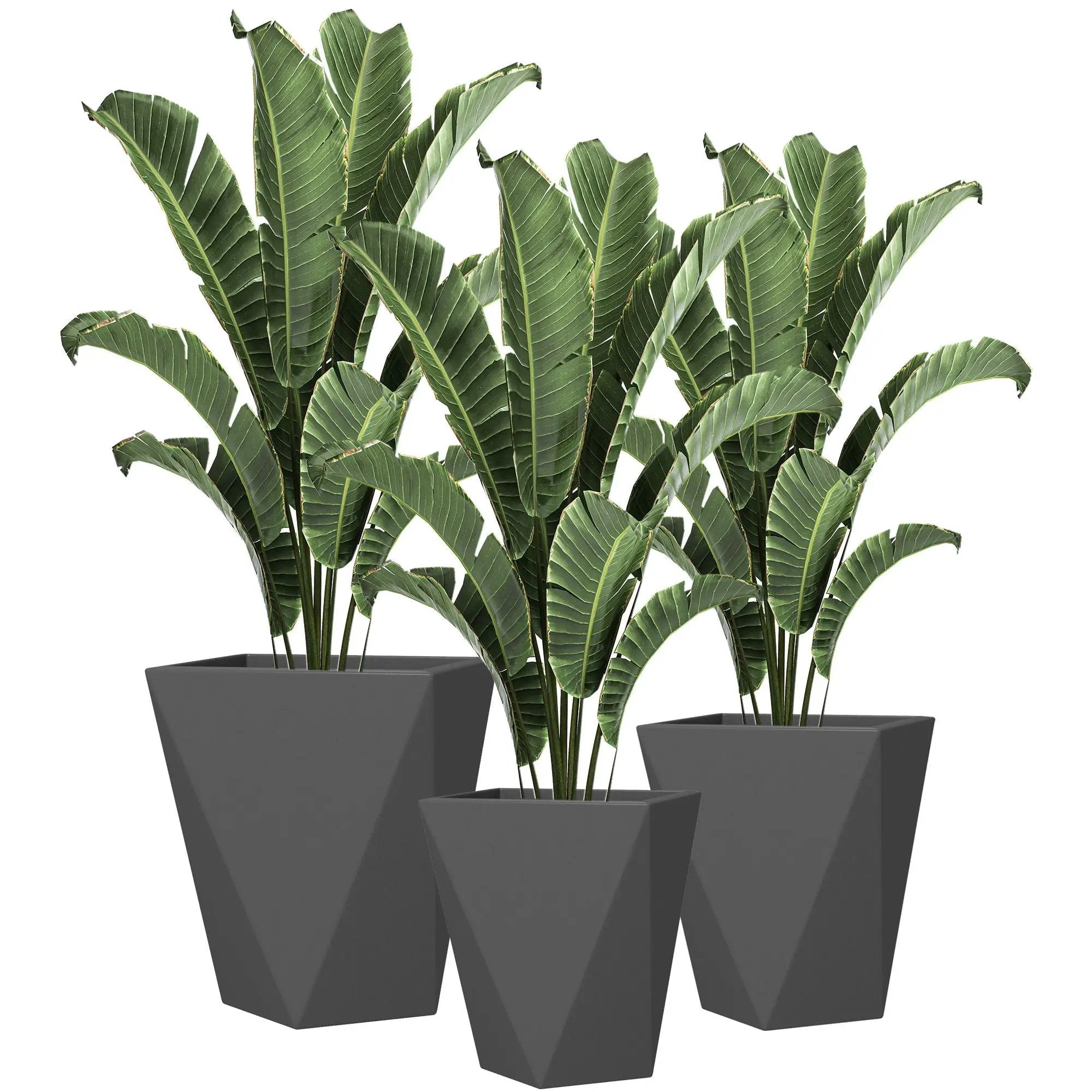 Outsunny - 18", 15.25", 11.75" Tall Planters (Set of 3), Indoor Outdoor Planters With Drainage Holes, Stackable Flower Pots For Garden, Patio, Balcony, Front Door - Gray by Unique Piece Furniture