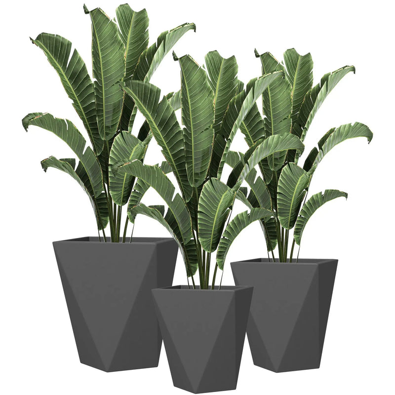 Outsunny - 18", 15.25", 11.75" Tall Planters (Set of 3), Indoor Outdoor Planters With Drainage Holes, Stackable Flower Pots For Garden, Patio, Balcony, Front Door - Gray by Unique Piece Furniture