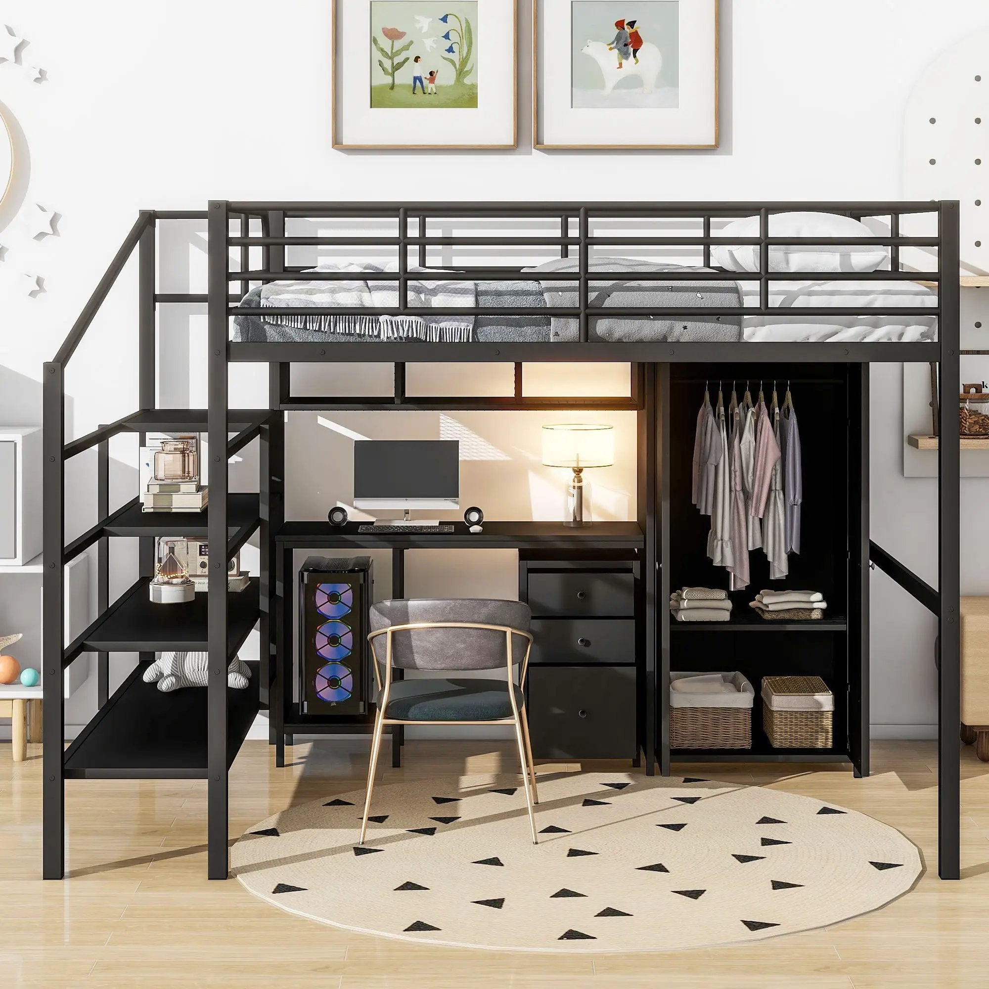 Full Size Loft Bed With Desk Set And Wardrobe - Black by HouseOfZazla