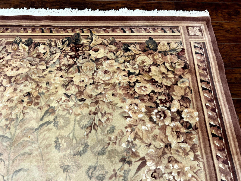 Aubusson Wool Rug 9x11, Wool with Silk Highlights, European Design, Vintage, Handmade, Floral, Fine 210 KPSI by Jewel Rugs