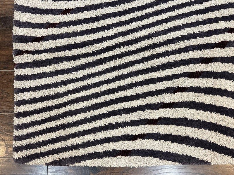 Vintage Zebra Stripes Shag Rug 5.7 x 7.4, Black and White, Retro, Wool by Jewel Rugs
