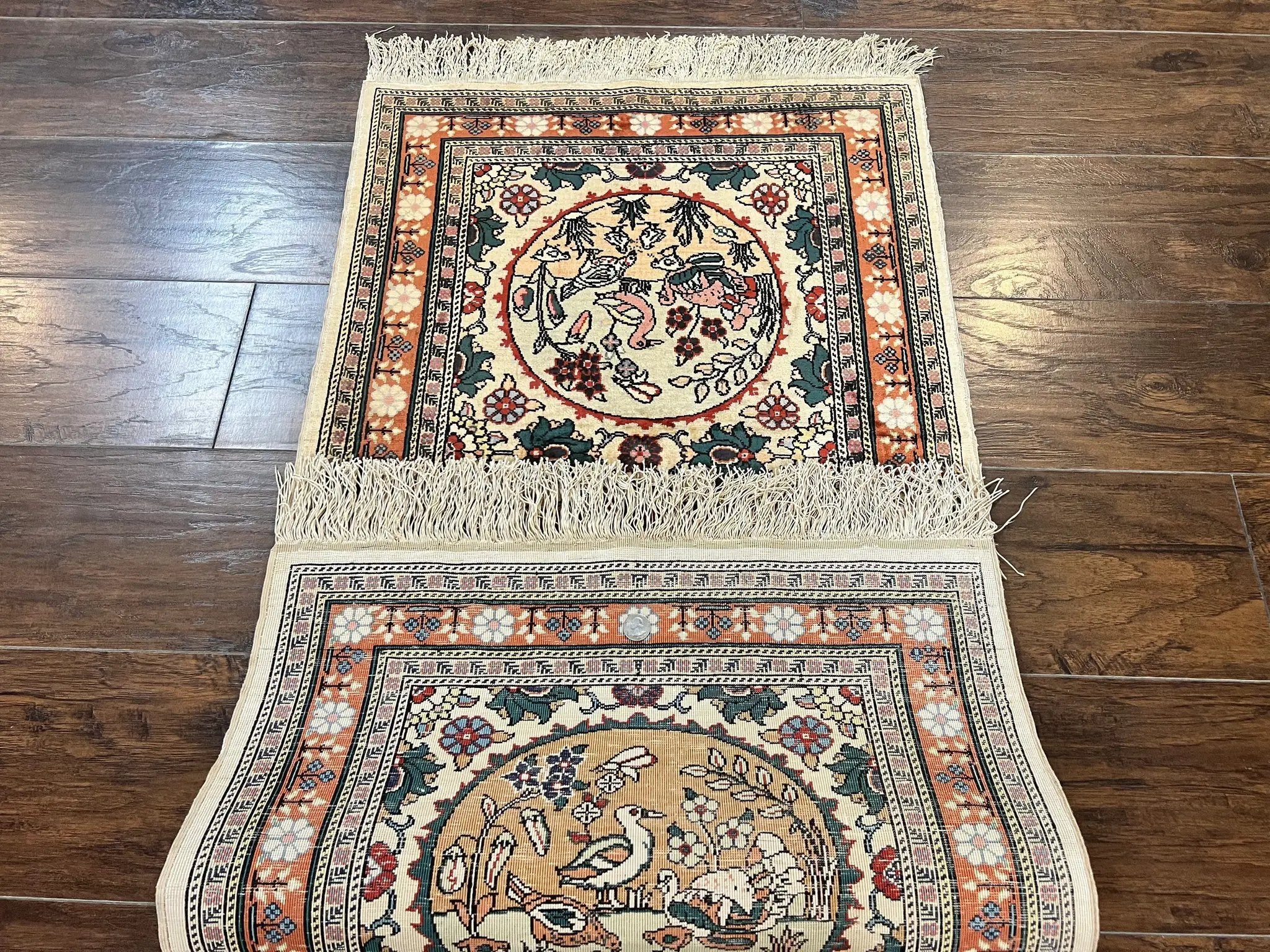 Silk Turkish Rug 2x4, Fine Handmade Oriental Rug, Animal Pictorial Birds Silk Pile on Silk Foundation Vintage Hand Knotted Hereke Carpet by Jewel Rugs