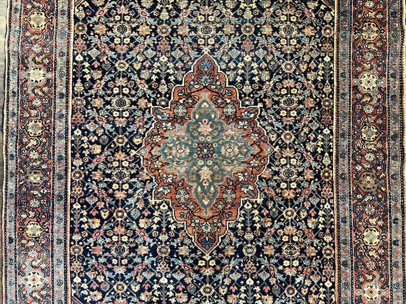 Persian Rug 4x7 Antique Sarouk Farahan Carpet, Navy Blue and Red Wool Rug by Jewel Rugs