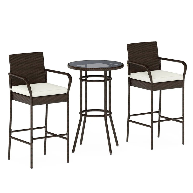 Patio Rattan Bar Height Table and Chairs with 2 Seat Cushions for Porch-White by DirectDeals