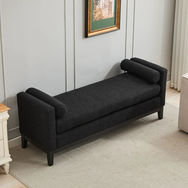 Elegant Upholstered Bench, Daybed, Ottoman With Wood Legs & 2 Bolster Pillows - Black Boucle by Unique Piece Furniture