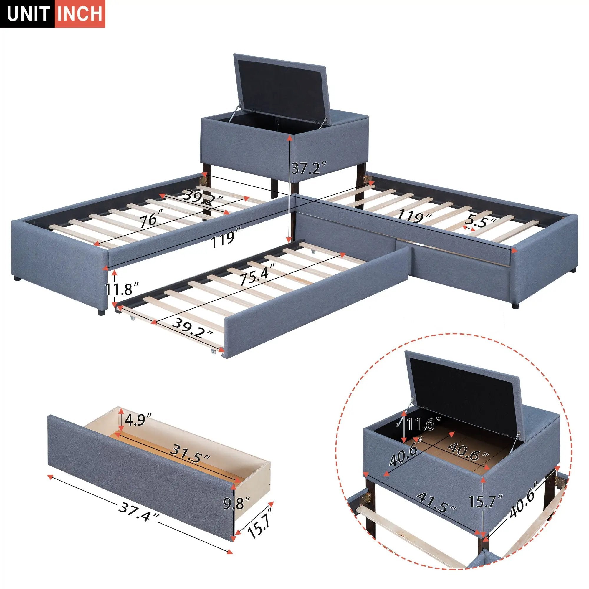 L Shaped Upholstered Platform Bed With Trundle And 2 Drawers Linked With Built In Desk by Unique Piece Furniture