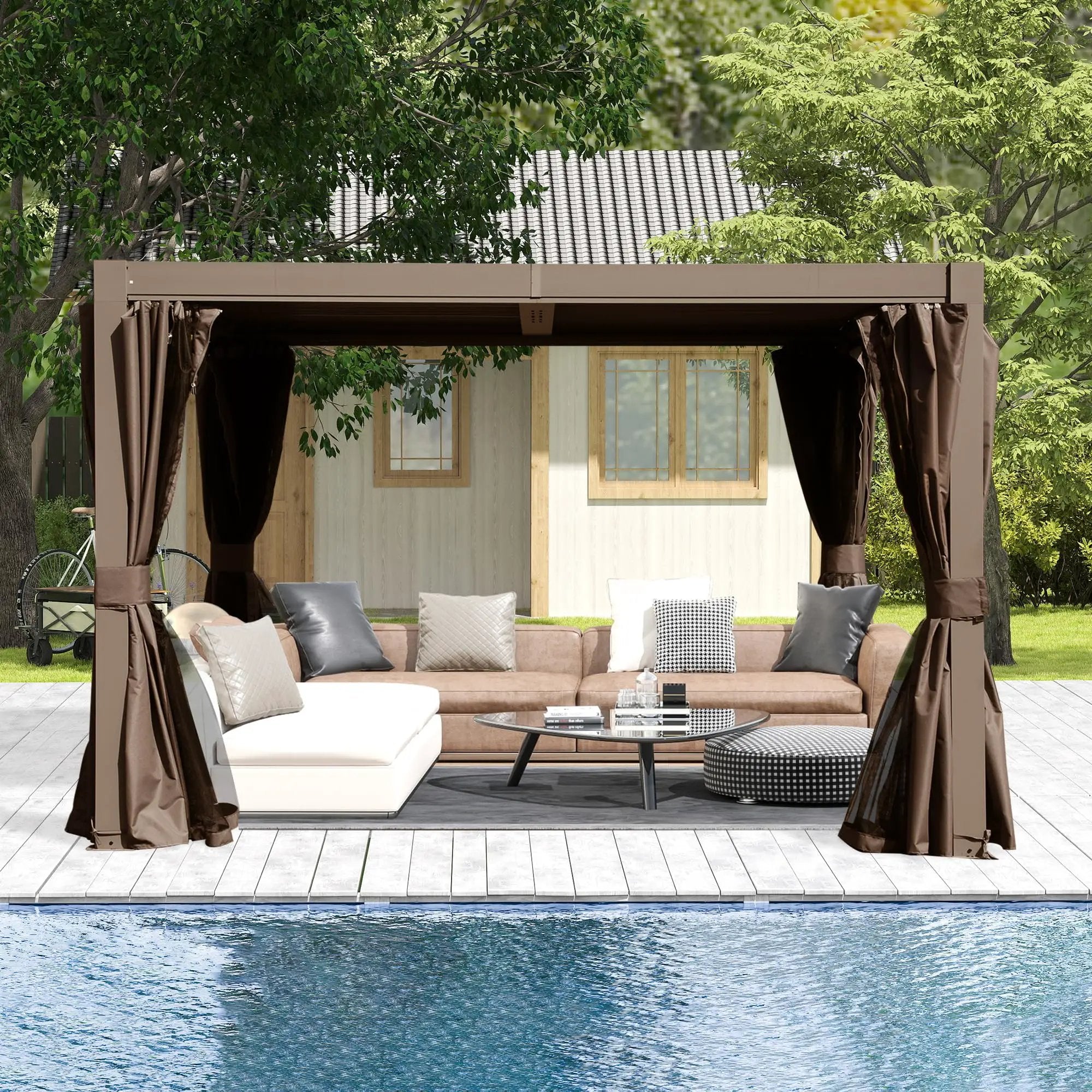 10x10 FT Outdoor Louvered Pergola with Adjustable Louvers - Brown by HouseOfZazla