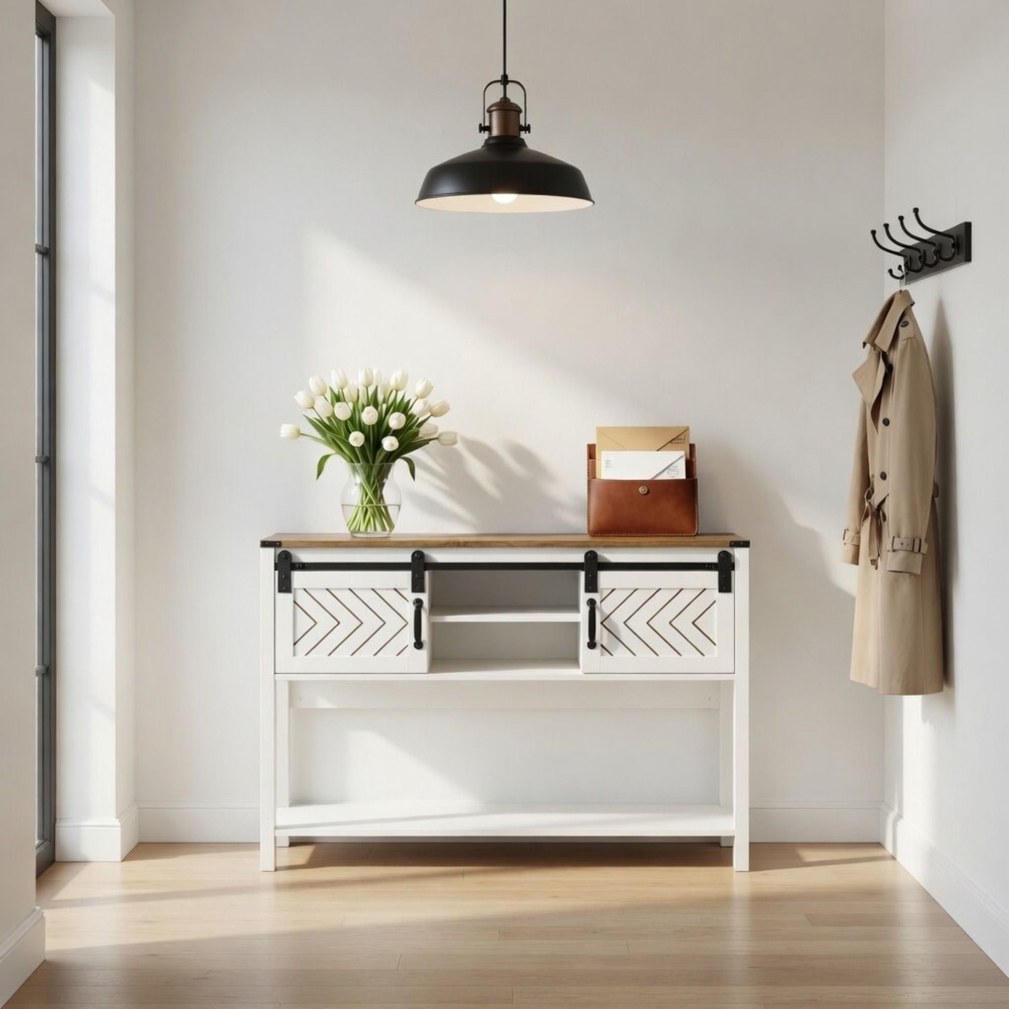 Entryway Table With Sliding Barn Door Storage - White / Oak by HouseOfZazla