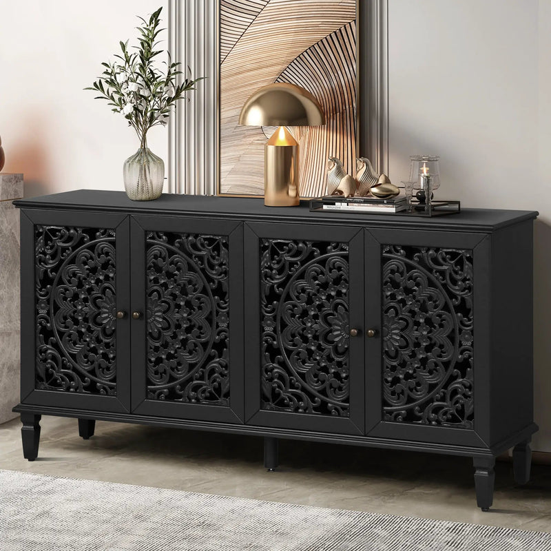 60" Antique Buffet Cabinet with Floral Carvings by HouseOfZazla