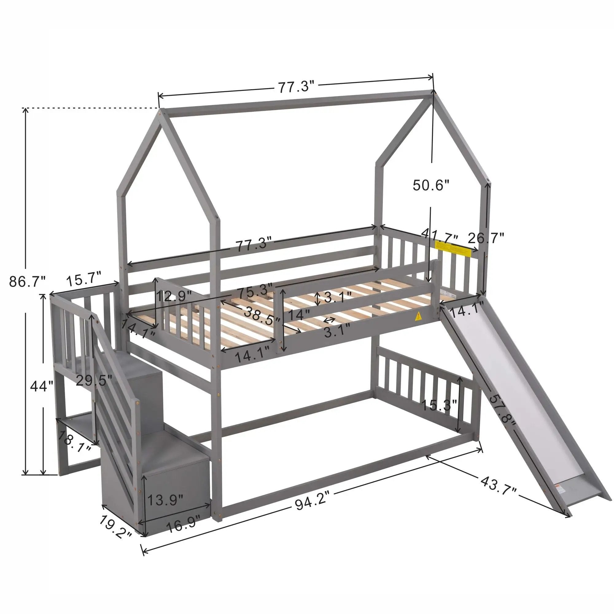 Twin Over Twin House Bunk Bed With Convertible Slide, Storage Staircase by HouseOfZazla
