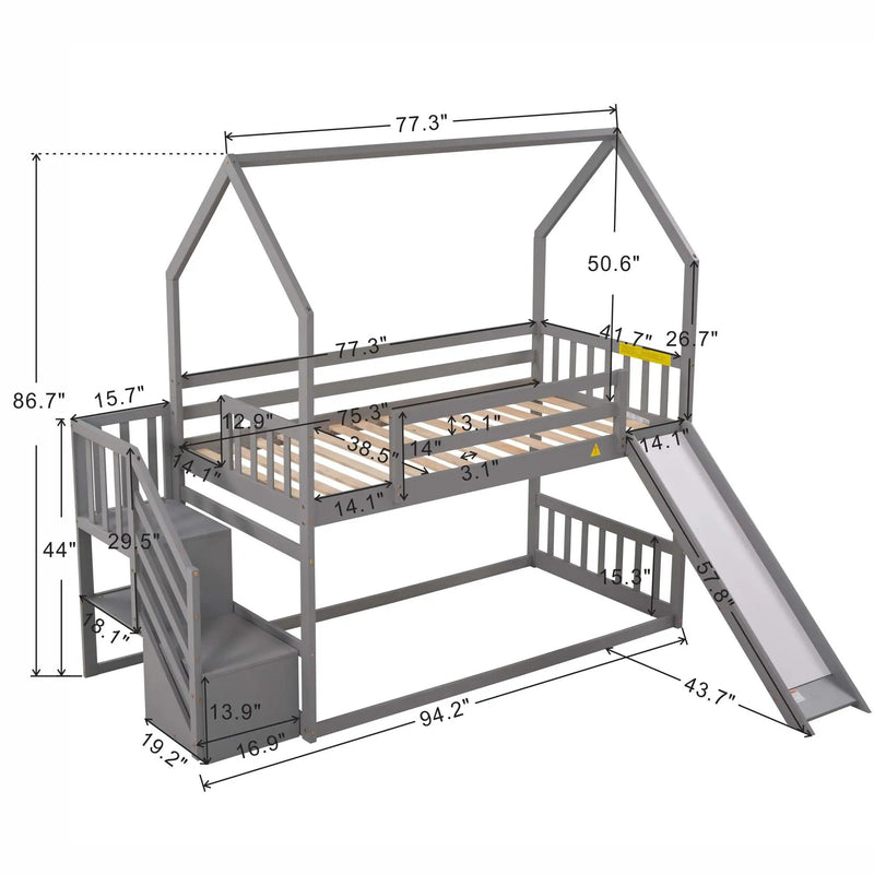 Twin Over Twin House Bunk Bed With Convertible Slide, Storage Staircase by HouseOfZazla
