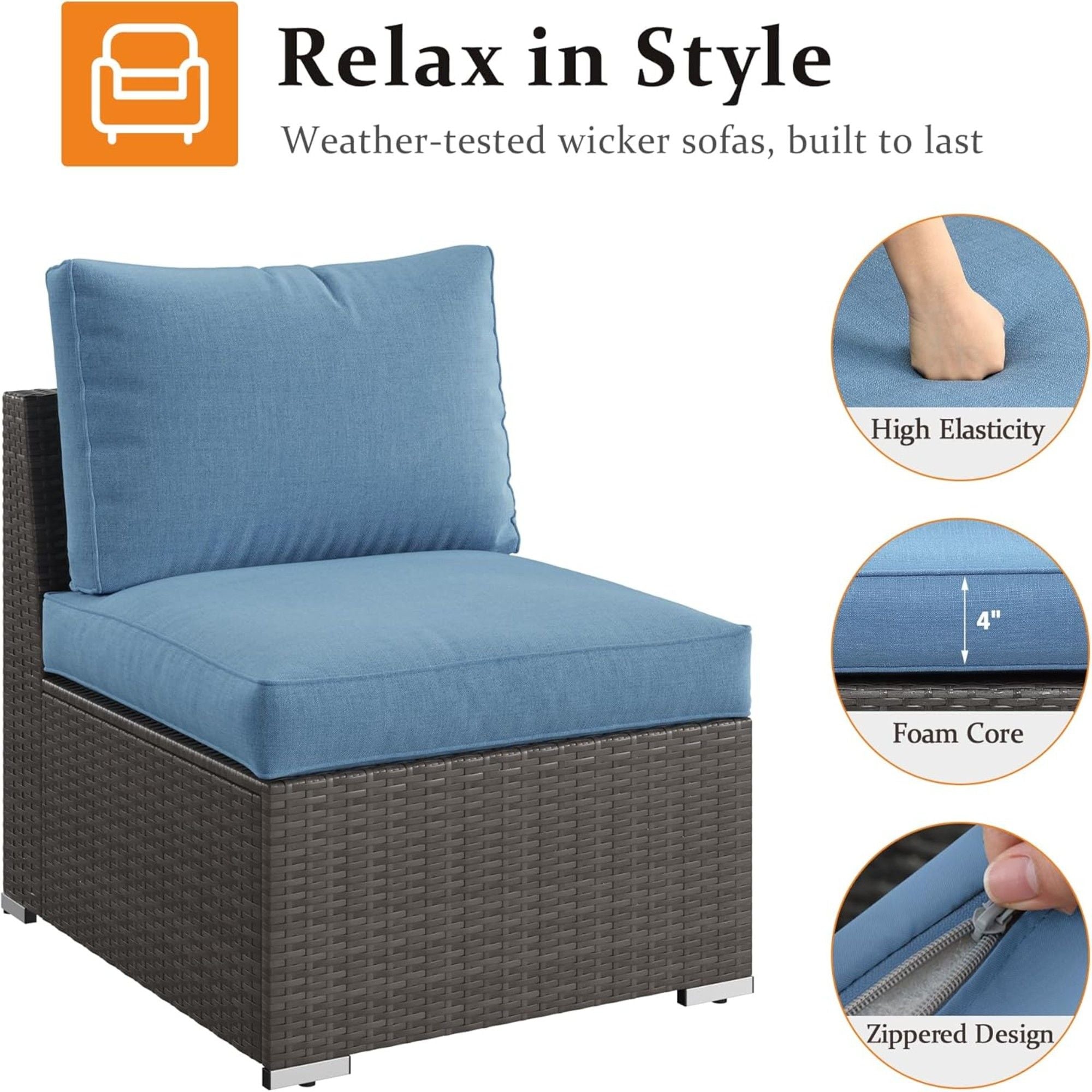 Armless Patio Sofa Set, With UV Resistant Frame And Waterproof Cushions - Blue / Brown