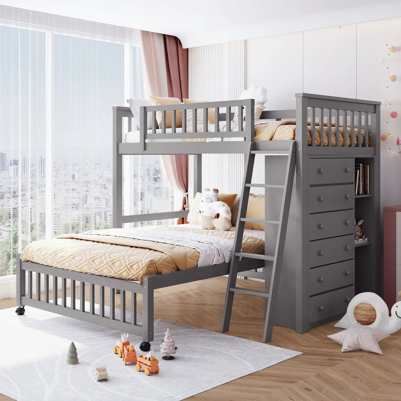 Bunk Bed With 6 Drawers And Flexible Shelves, Bottom Bed With Wheels by HouseOfZazla