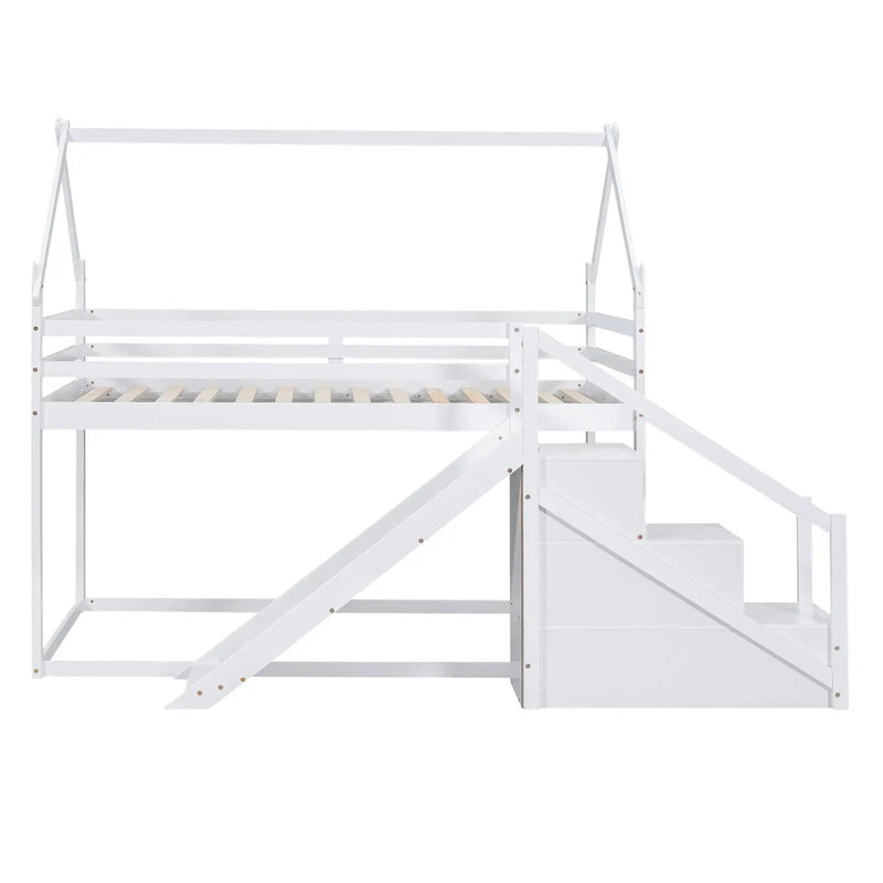 Twin Over Twin House Loft Or Bunk Bed With Slide And Staircase by Unique Piece Furniture