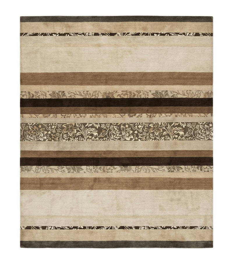 Modern Tibetan Nepali Rug 8x12, Stripe Pattern, Wool with Silk Highlights, Handmade, Beige Tan Brown by Jewel Rugs