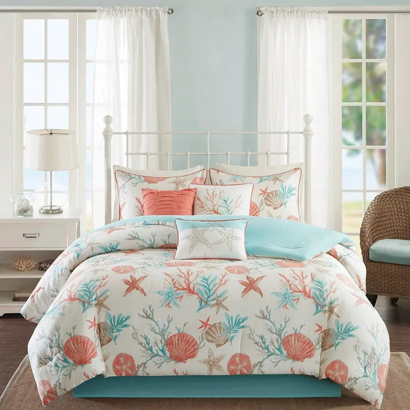 7 Piece Cotton Sateen Comforter Set Coral Queen by HouseOfZazla
