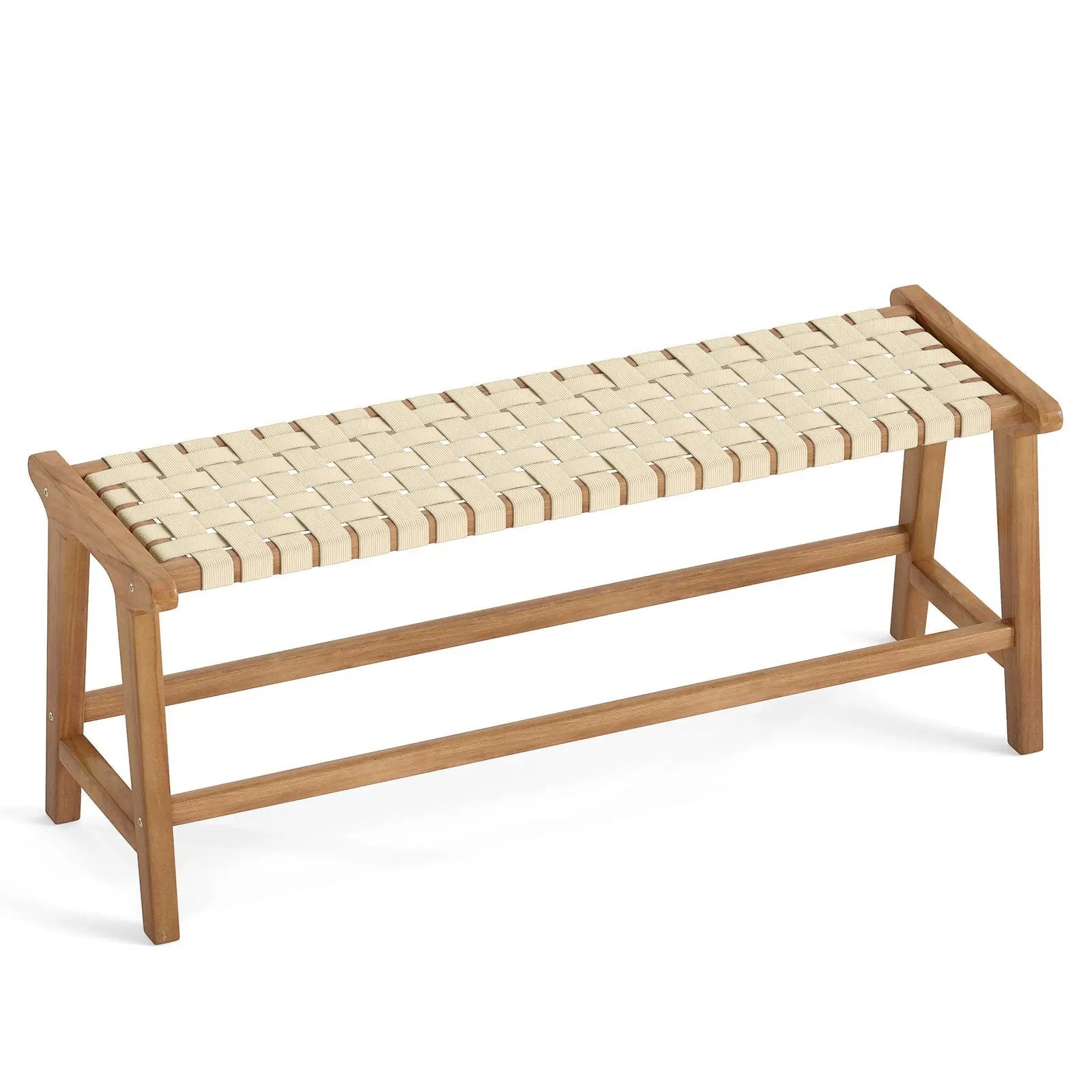 47 Inches Long Teak Wood Patio Bench with Weave Seat and Solid Wood Legs-Natural by DirectDeals