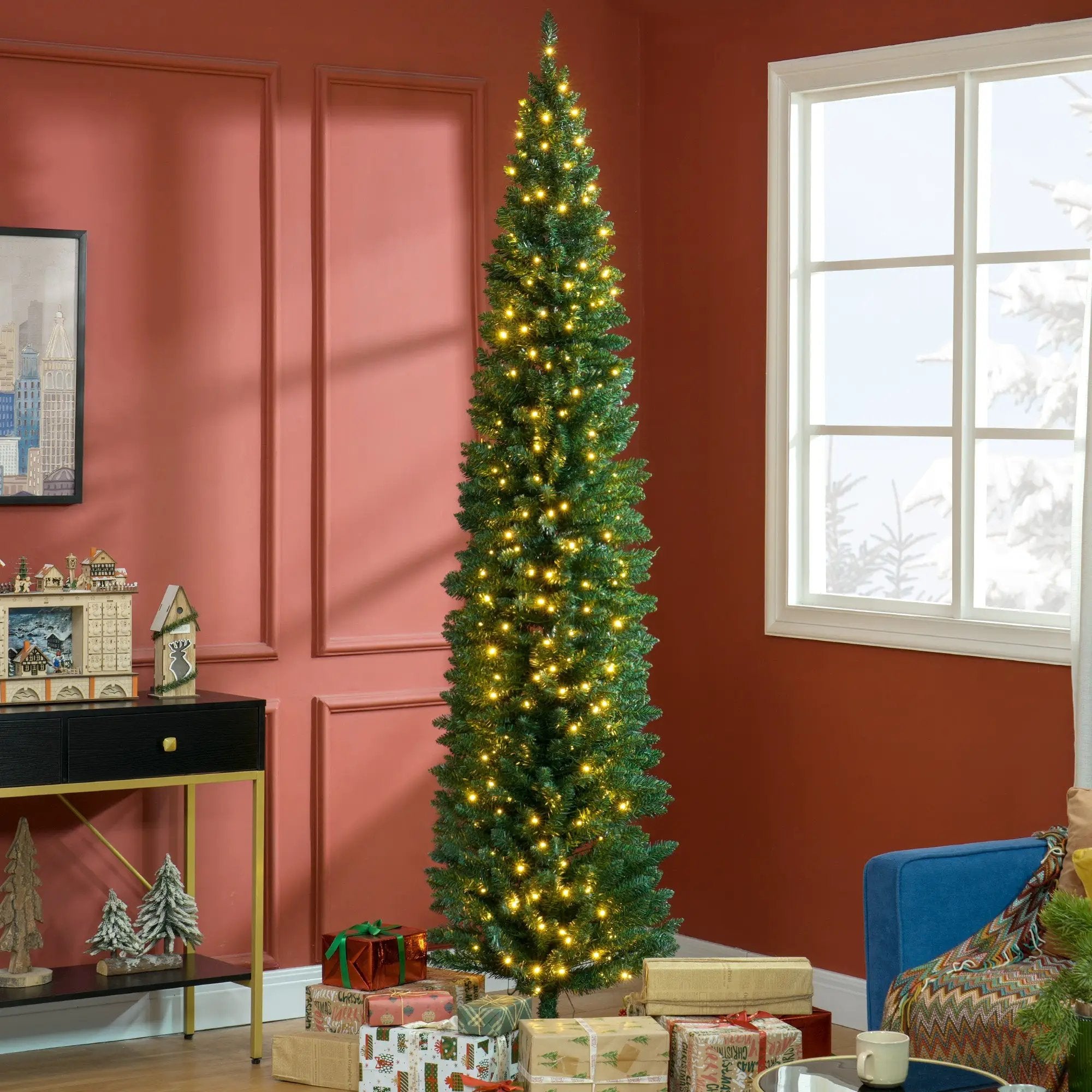 HOMCOM 8' Tall Pre-Lit Slim Noble Fir Artificial Christmas Tree by HouseOfZazla