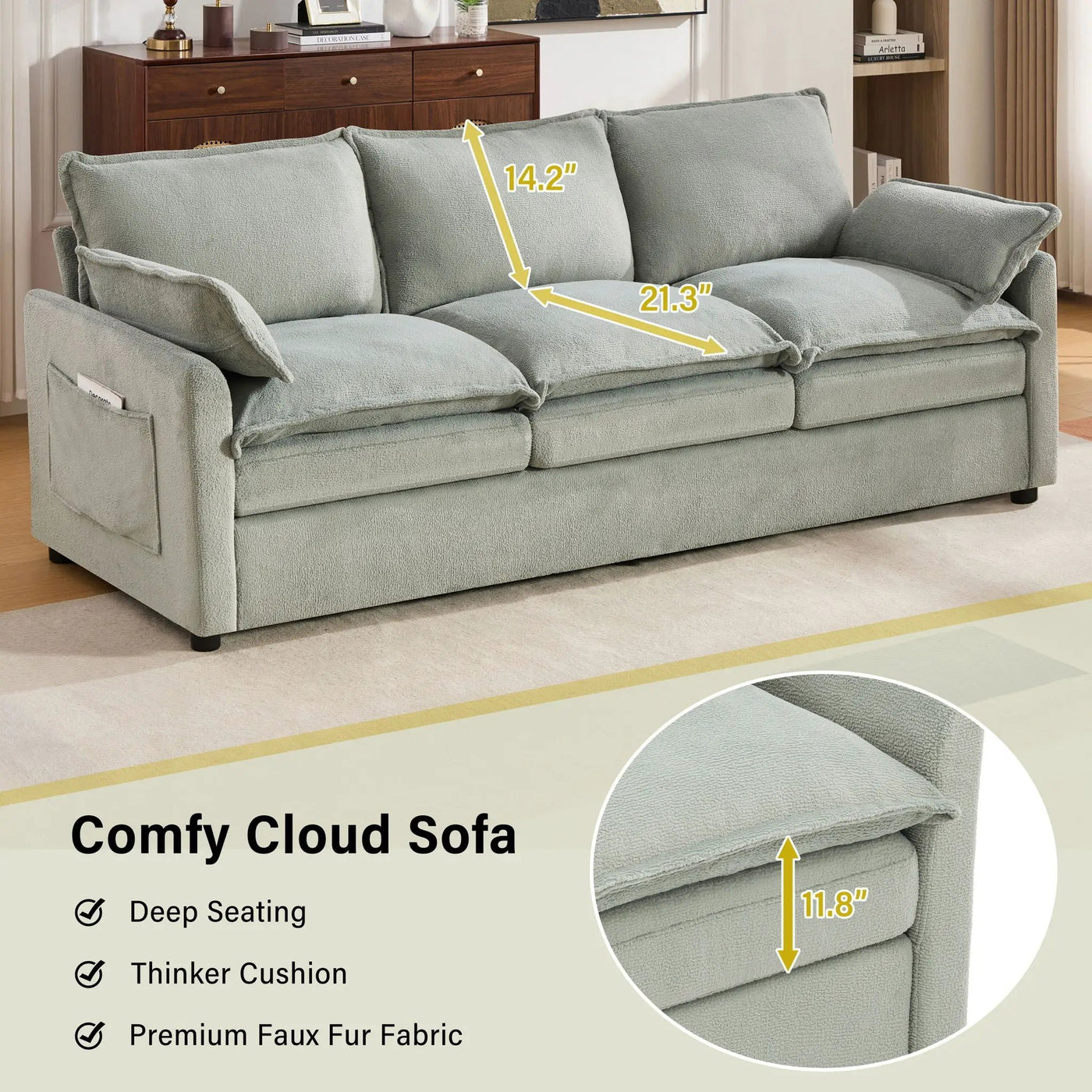 Modern 3 Seater Sofa With Side Storage Pockets For Living Room by HouseOfZazla