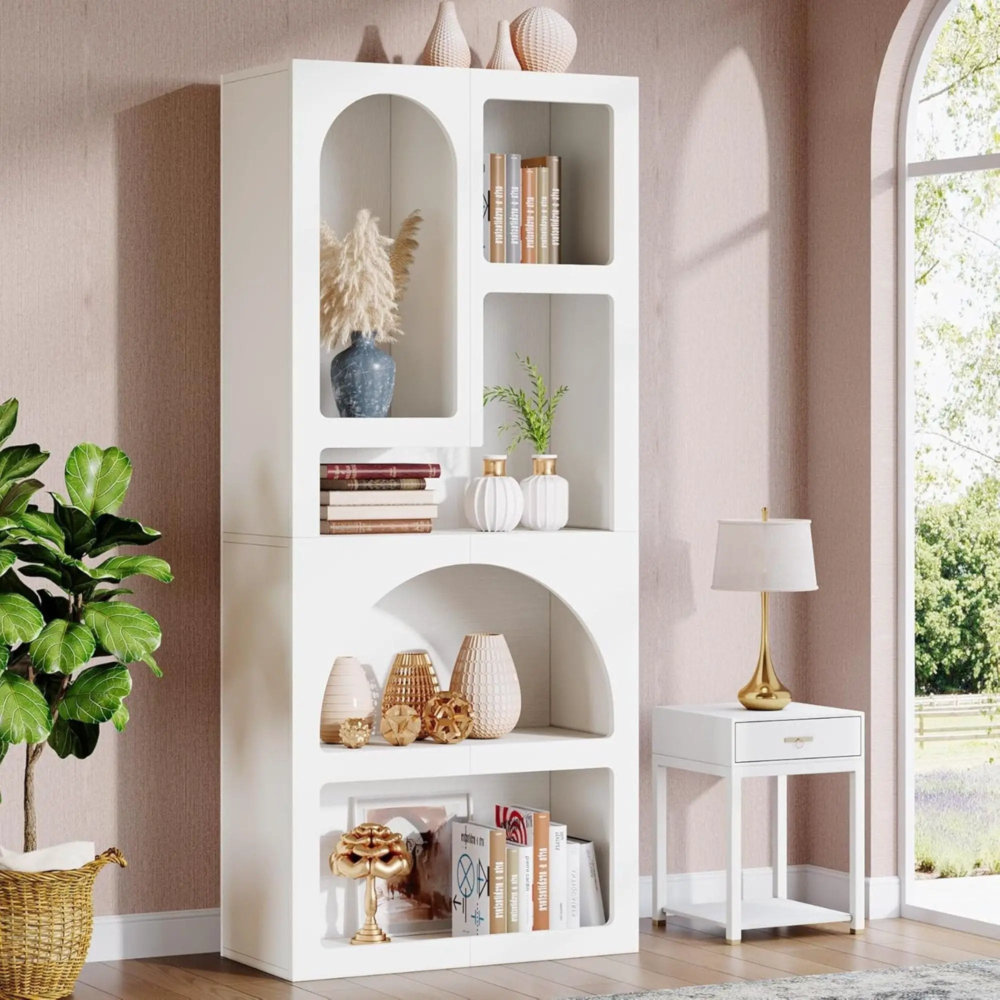 Geometric Arched 5 Shelf Art Display Bookcase For Living Room - White by HouseOfZazla