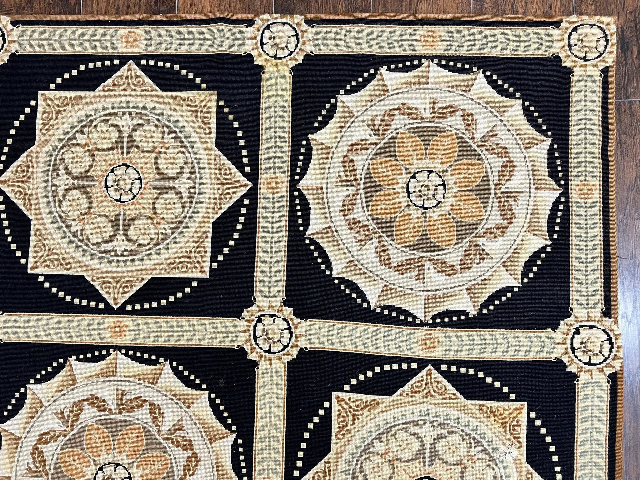 Needlepoint Rug 8x10, Black Tan Beige, Panel Design, Wool Handwoven Handmade Flatweave Needlepoint Carpet, Vintage French European Rug by Jewel Rugs