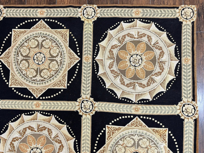 Needlepoint Rug 8x10, Black Tan Beige, Panel Design, Wool Handwoven Handmade Flatweave Needlepoint Carpet, Vintage French European Rug by Jewel Rugs