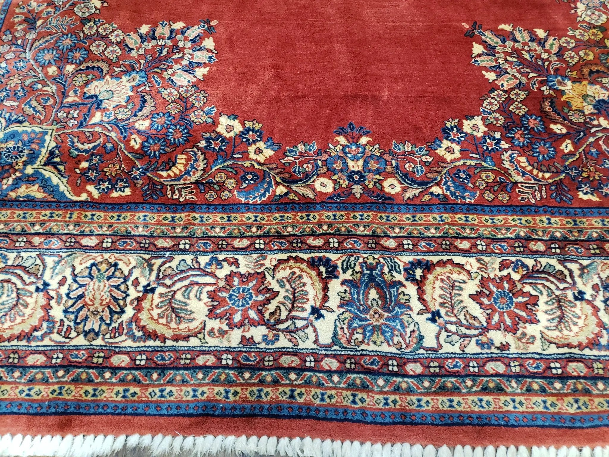Semi Antique Persian Sarouk Rug 9x12, Semi Open Field with Central Medallion, Hand Knotted Wool, Tomato Red, 9 x 12 Authentic Oriental Carpet by Jewel Rugs