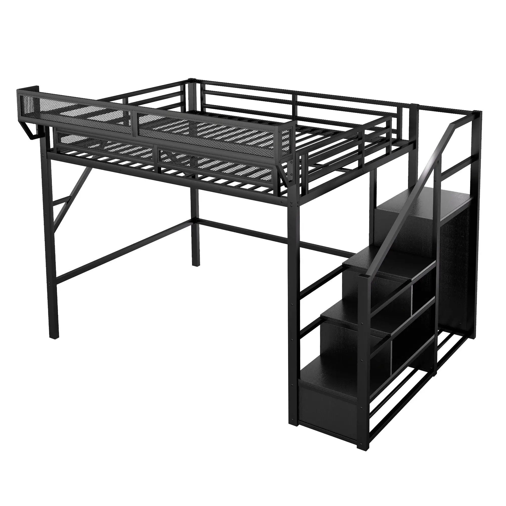Queen Size Loft Bed With Stairs, Storage Shelves, Wardrobe - Black by HouseOfZazla