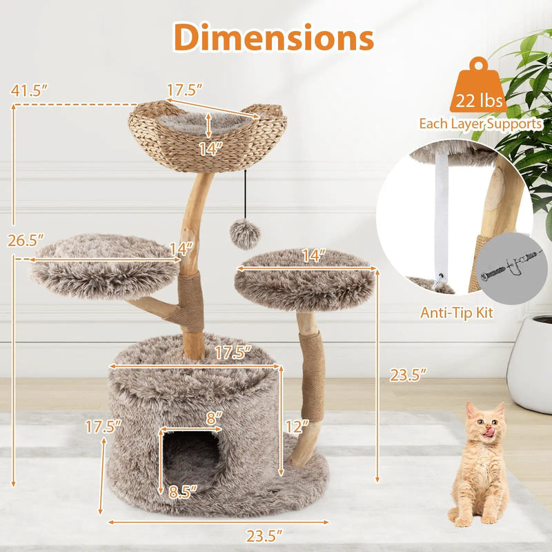 Wood Cat Tree Solid Pear Cat Tree with Perch and Sisal Scratching Posts-Brown by DirectDeals