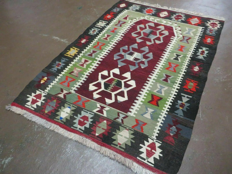 3' 8" X 5' Vintage Turkish Kilim Handmade Flat Weave Wool Rug Veg Dyes by Jewel Rugs