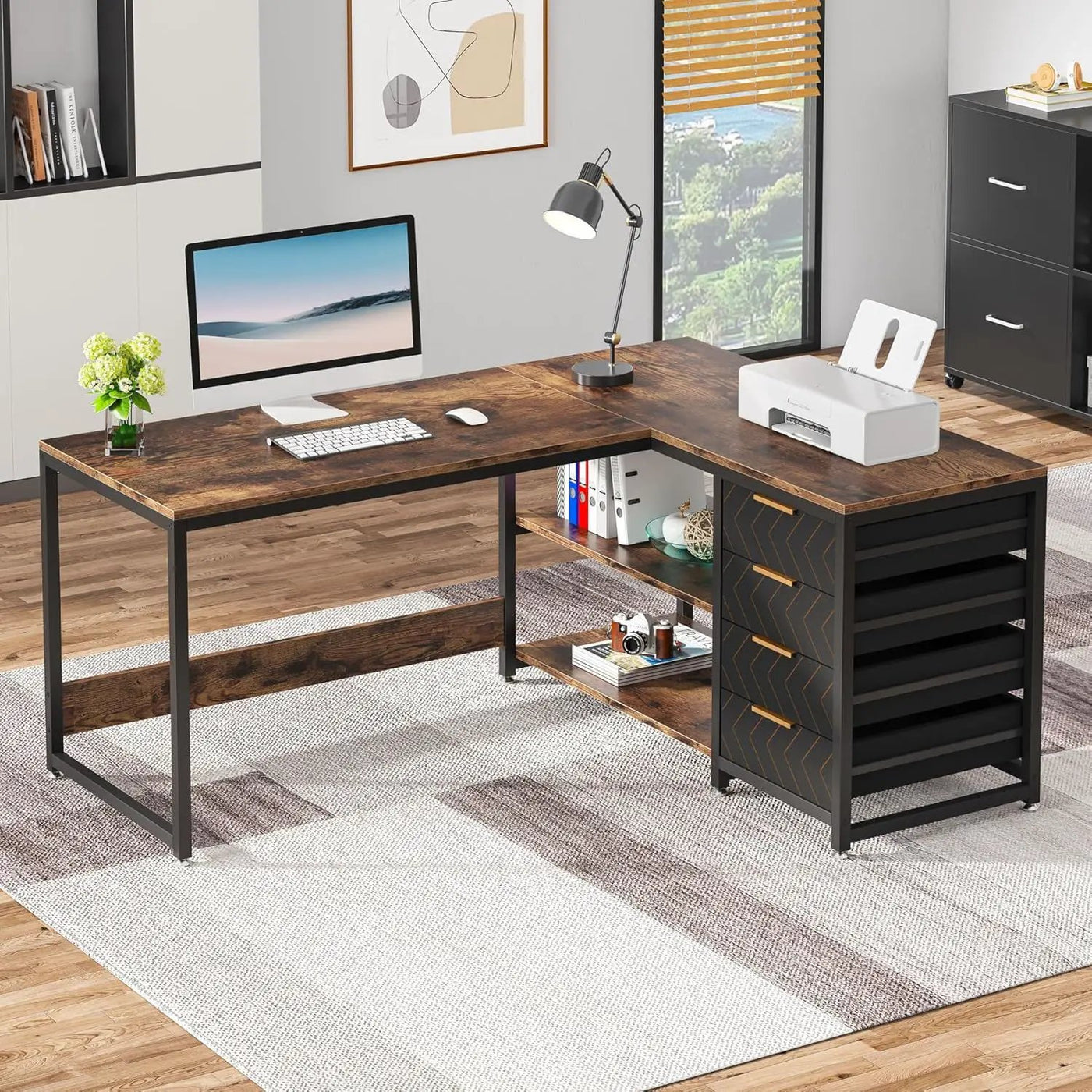 L-Shaped Computer Desk With Drawers And Shelves, Workstation For Home Office by HouseOfZazla