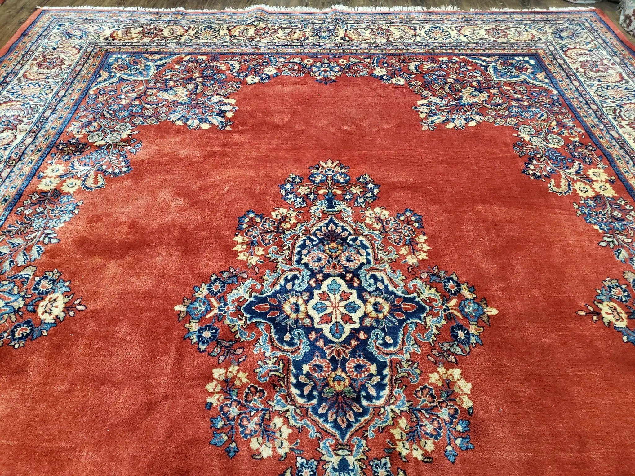 Semi Antique Persian Sarouk Rug 9x12, Semi Open Field with Central Medallion, Hand Knotted Wool, Tomato Red, 9 x 12 Authentic Oriental Carpet by Jewel Rugs